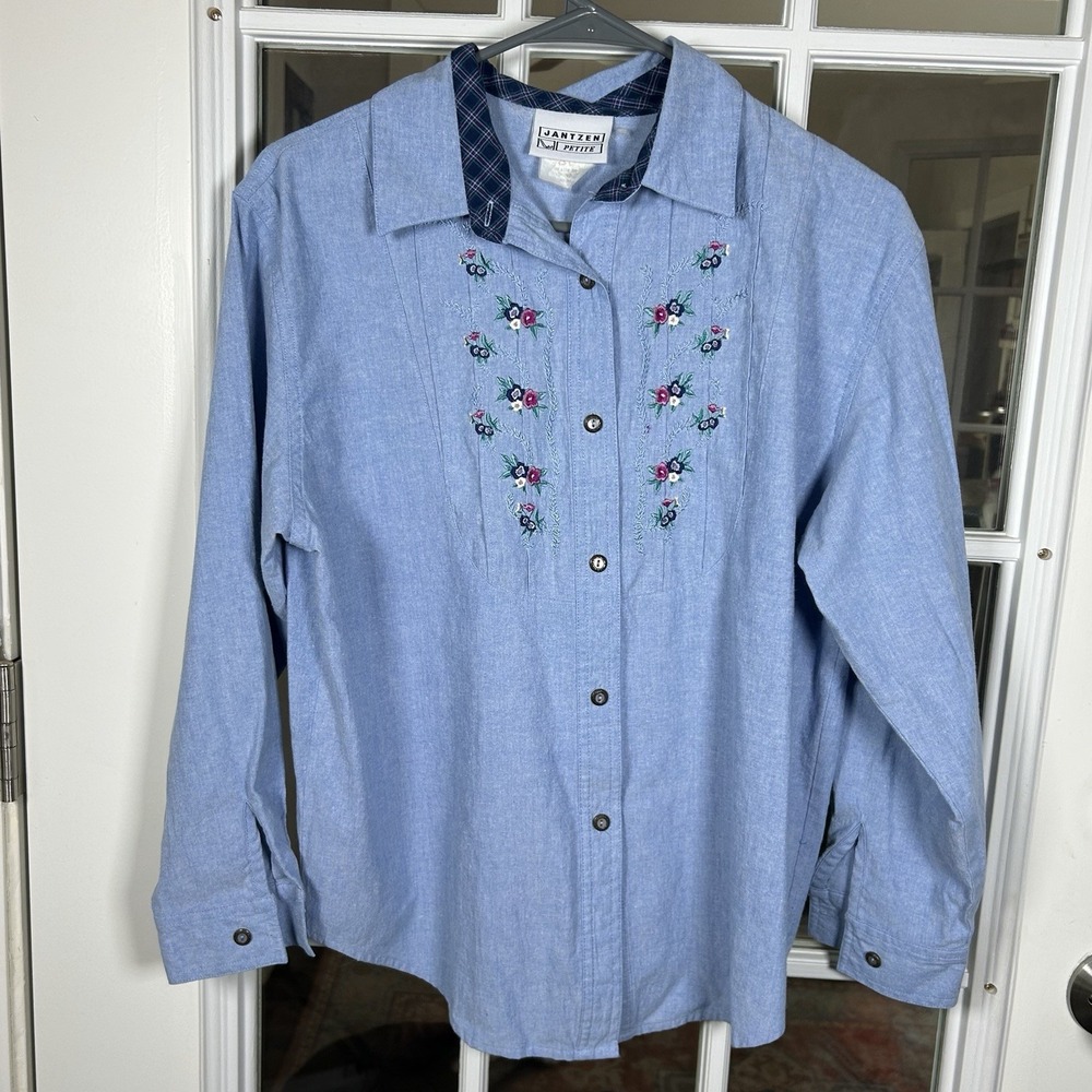 Vintage 90s Jantzan Petite Chambray Floral Embroidered Plaid Collar Shirt Medium
